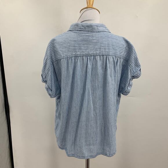 Faherty Shirt Womens S Small Linen Blend Breeze Stripe Button Cap Sleeve Cuffed - Picture 6 of 12